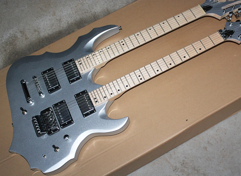 Metallic Silver 12+6 Strings Double Necks Electric Guitar with Maple Fretboard,24 Frets