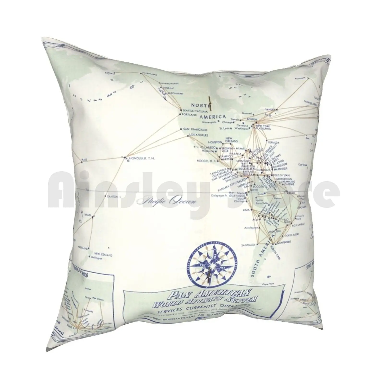 Pan Am ( Pan American ) World Route Map Circa 1955 Pillow Case Printed Home Soft Throw Pillow Pan Am Pan American World