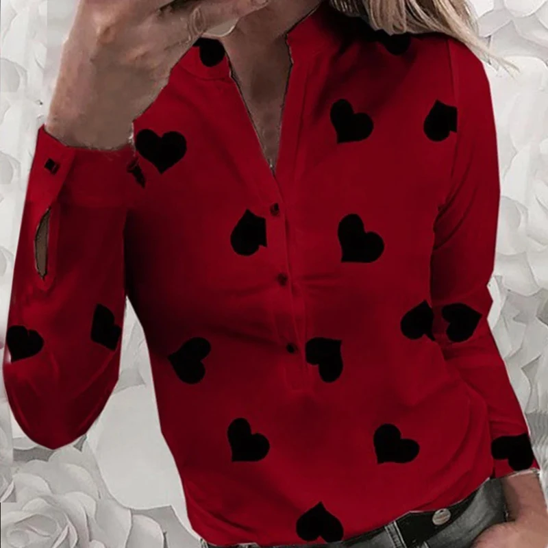 Women\'s Flower Heart Print Blouse 2020 Fashion Spring Summer Casual Long Sleeve V Neck Shirt Ladies Elegant Buttons Dating Tops