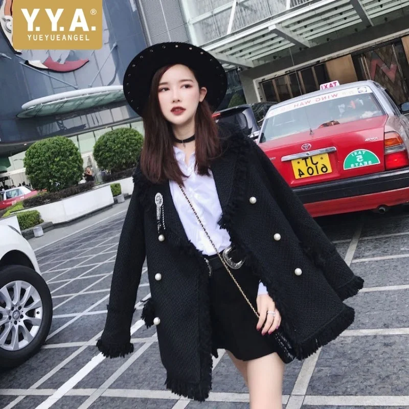 New Brand Womens Long Sleeve Pearls Double Breasted Jackets Fashion Office Ladies Loose Fit Tassel Outerwear Coats Streetwear