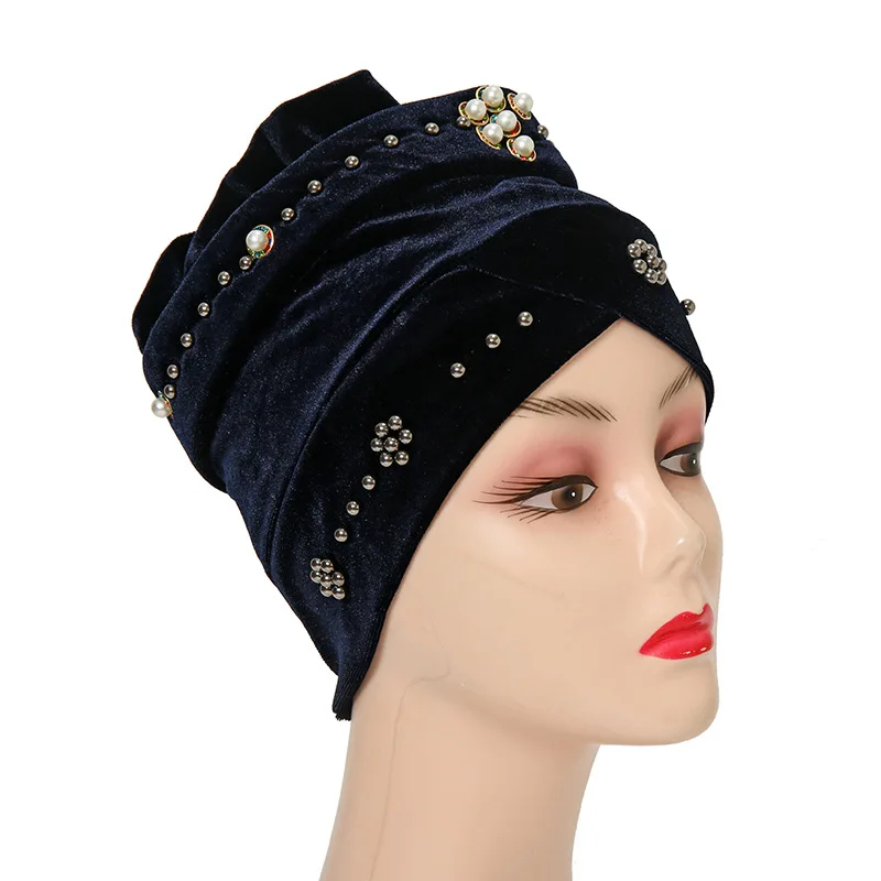 Beads Velvet Turban Caps for Women Winter Beanie Muslim Headscarf Bonnet Femme Musulman Head Wraps Indian Turbante Hat