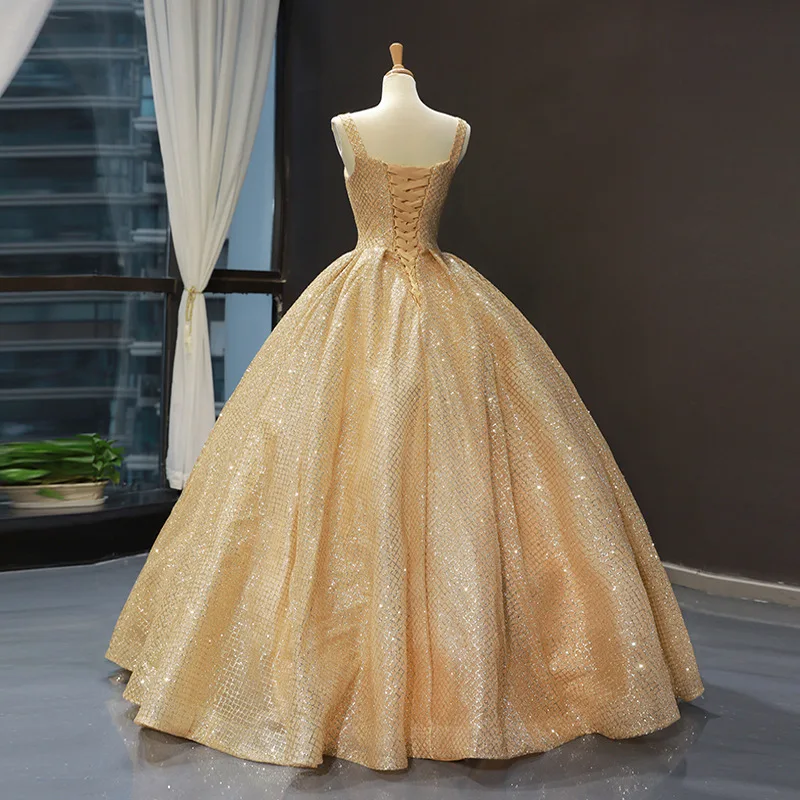 2023 New Simples Ouro Quinceanera Vestidos Luxo Shinging mangas vestido de baile de alta qualidade Custom Made Prom Dresses Gala Jurken