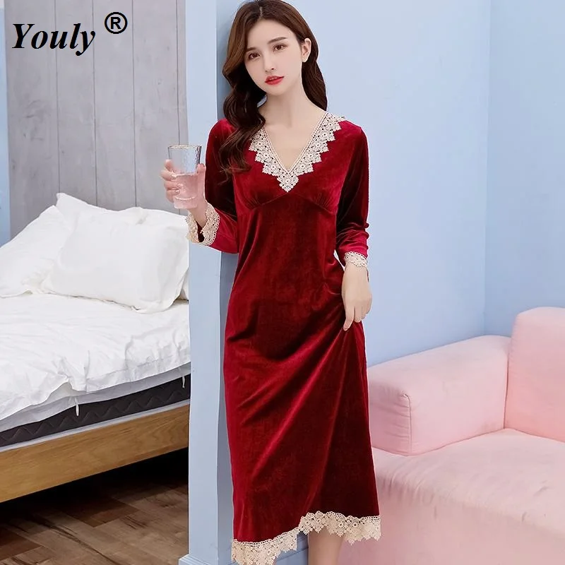 

Golden velvet Women Pleuche Sexy Lace Nightdress 2021 Autumn Winter Long Sleeve Nightwear Underwear Sleepwear Dress Nightshirt