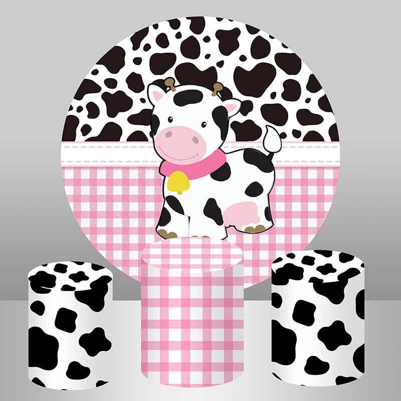 Sensfun Cute Cow Round Backdrop Cover Pink White Black Kids Newborn Baby Shower Farm Birthday Party Background Cylinder Covers