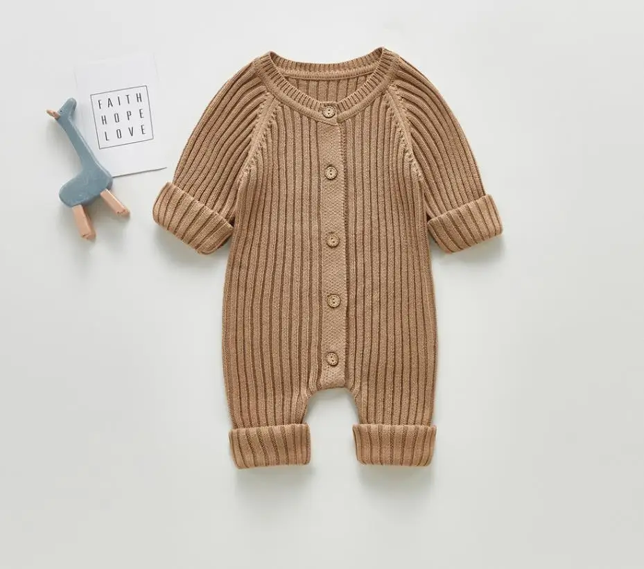 New Winter Fall Baby Kids Cotton Warm Rompers Solid Color Long Sleeve Button Knitted Swearter Rompers Warm Baby Clothing 2023