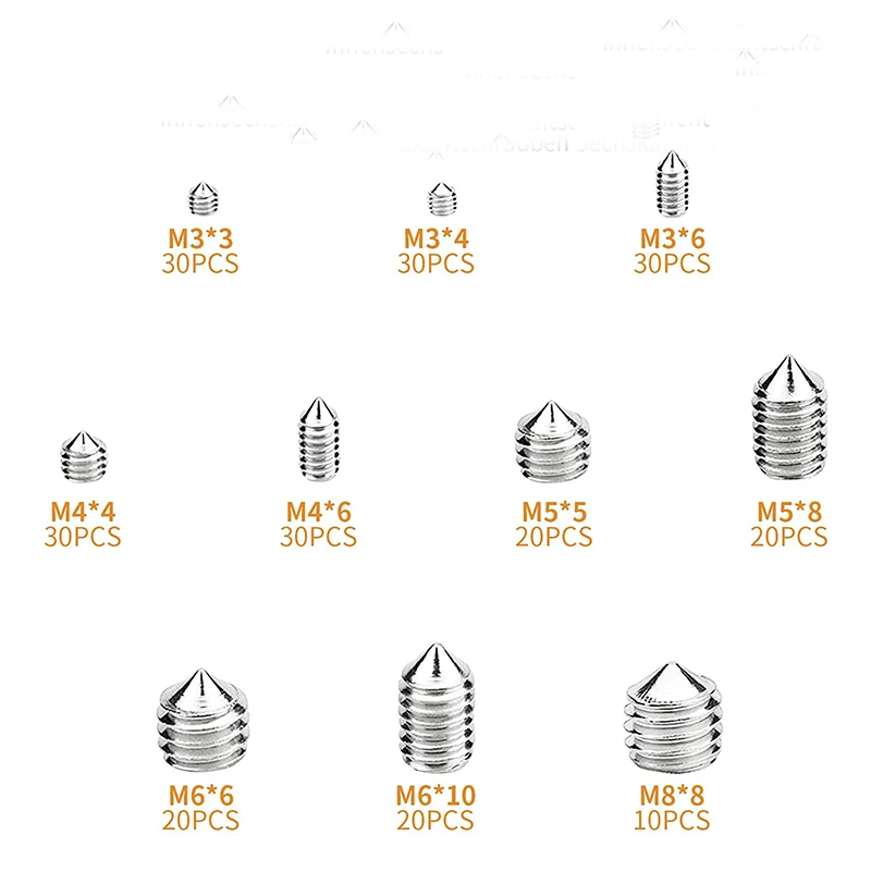 ELECTRAPICK-tornillo hexagonal de punta cónica, perno sin cabeza, M3, M4, M5, M6, M8, 240 piezas