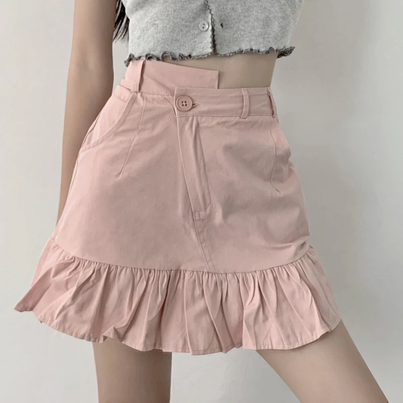 

Women Korean Harajuku Mini A-Line Pleated Skirt Ladies Summer Casual High Waist Irregular Ruffles Short Skirts Female