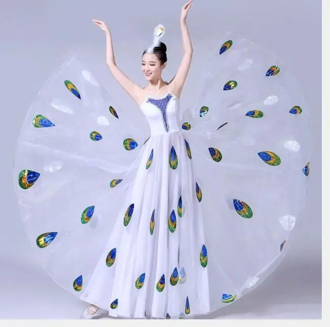 1pcs/lot Adult woman peacock dancing Perofrmance Dress Women Big Wing Peacock Fancy Chiffon folk dancing Dress