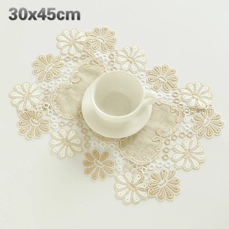 British Style Simple Beige Water Soluble Lace Trim Cotton Placemat Coaster Coffee Table Mat Mug Pad Christmas Wedding Decoration