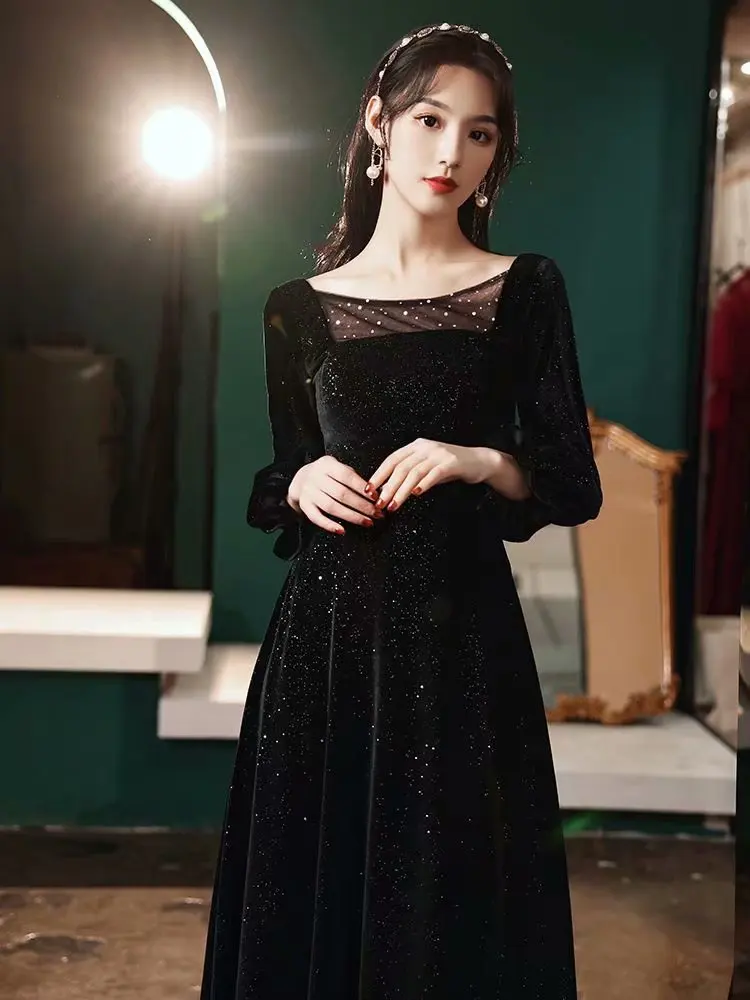 Neue Ankunft Schwarz Abendkleider Formal Robe De Soiree Prom Party Kleider платье вечернее Langen Ärmeln Kleid