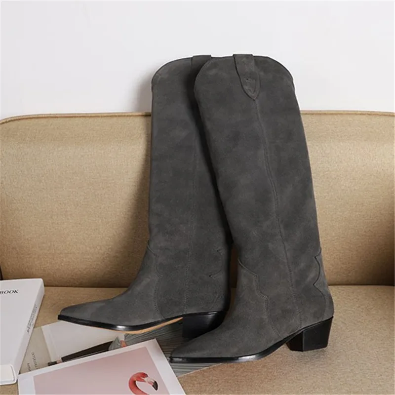 2024 New Cow Suede Women Riding Boots Retro Slip-on Chunky Heel Shoes Knee High Boots Pointed Toe Autumn Ladies Motarcycle Botas