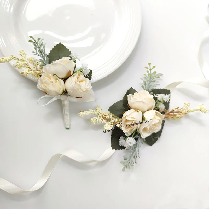 Ivory Groom Boutonniere szpilki akcesoria ślubne nadgarstek stanik bransoletka broszka kwiaty sztuczne jedwabne róże Buttonhole małżeństwo