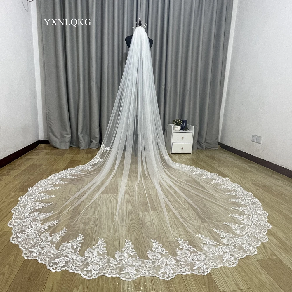 Real Photo High Quality 3-Meter One Layer Elegant Luxury Long Wedding Veil Bridal Veils Shiny Lace Veil Silver Bone with Comb