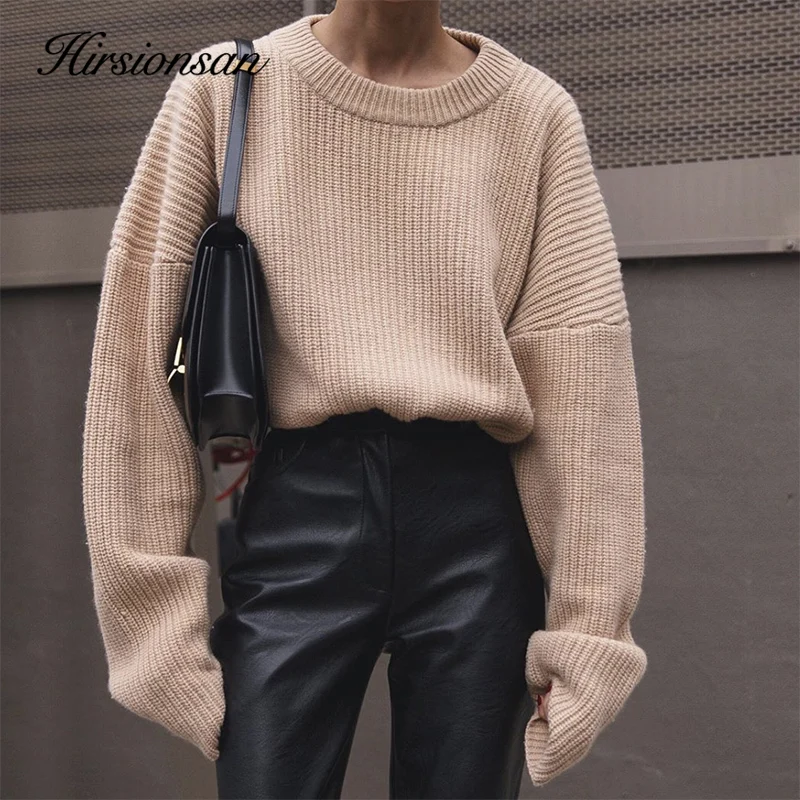 

Hirsionsan Casual Sweater Women 2023 New Korean Elegant Knitted Pullovers loose Soft Warm Female Pullovers Fashion Solid Tops