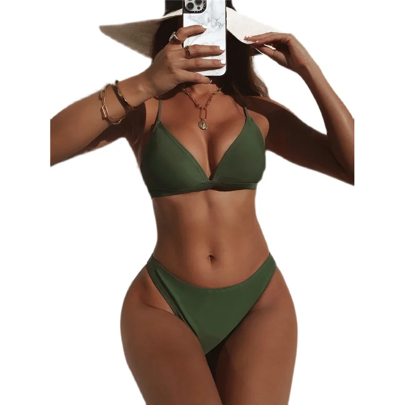 New V Neck Push Up Sexy Bikini Solid Green Two Piece Swimsuit Women Swim Wear Female Bathing Suit Strappy Beachwear