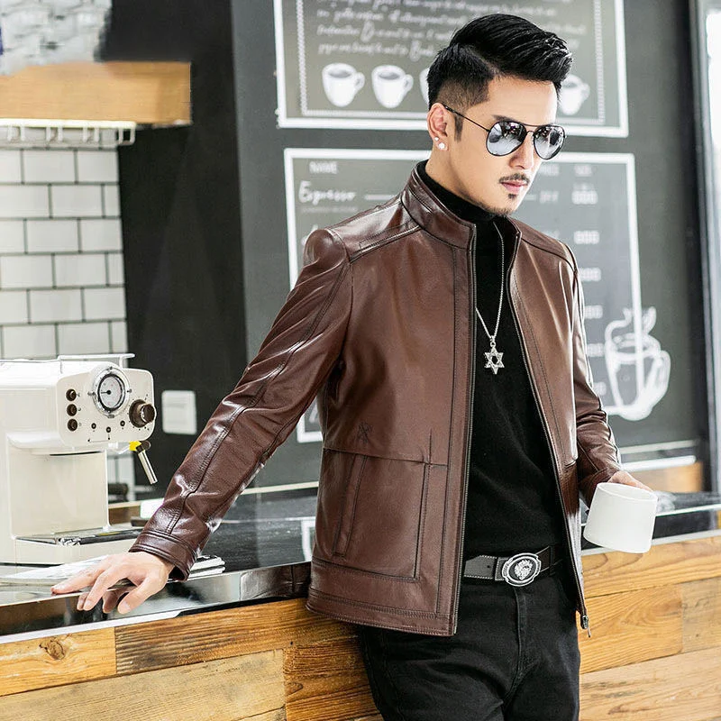 Spring 2022 Autumn New Fashion High Quality Sheepskin Real Leather Jackets Men Casual Slim Leather Coats Plus Size M-5XL A221