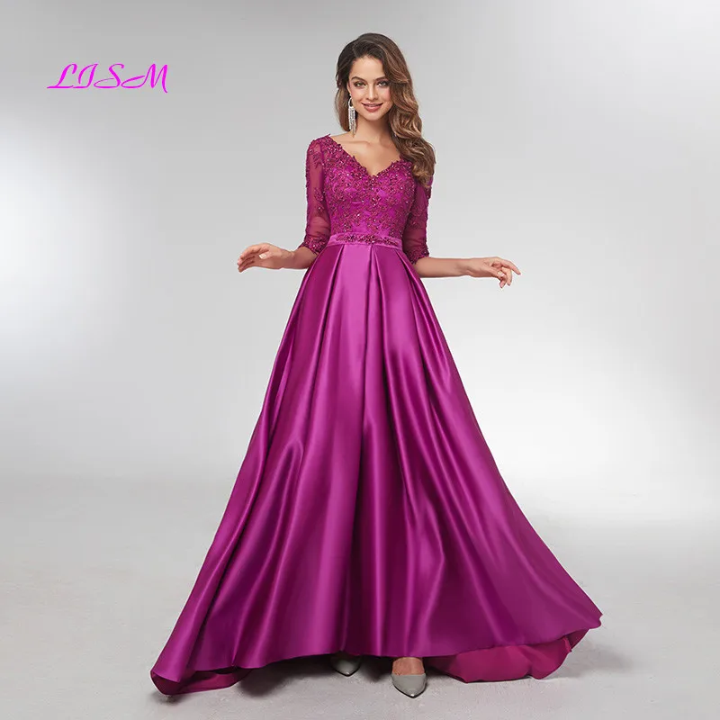 Purple Half Sleeves Evening Dresses 2020 Elegant Lace Appliqued Beaded Long Formal Gowns Illusion V-Neck Satin Prom Dress