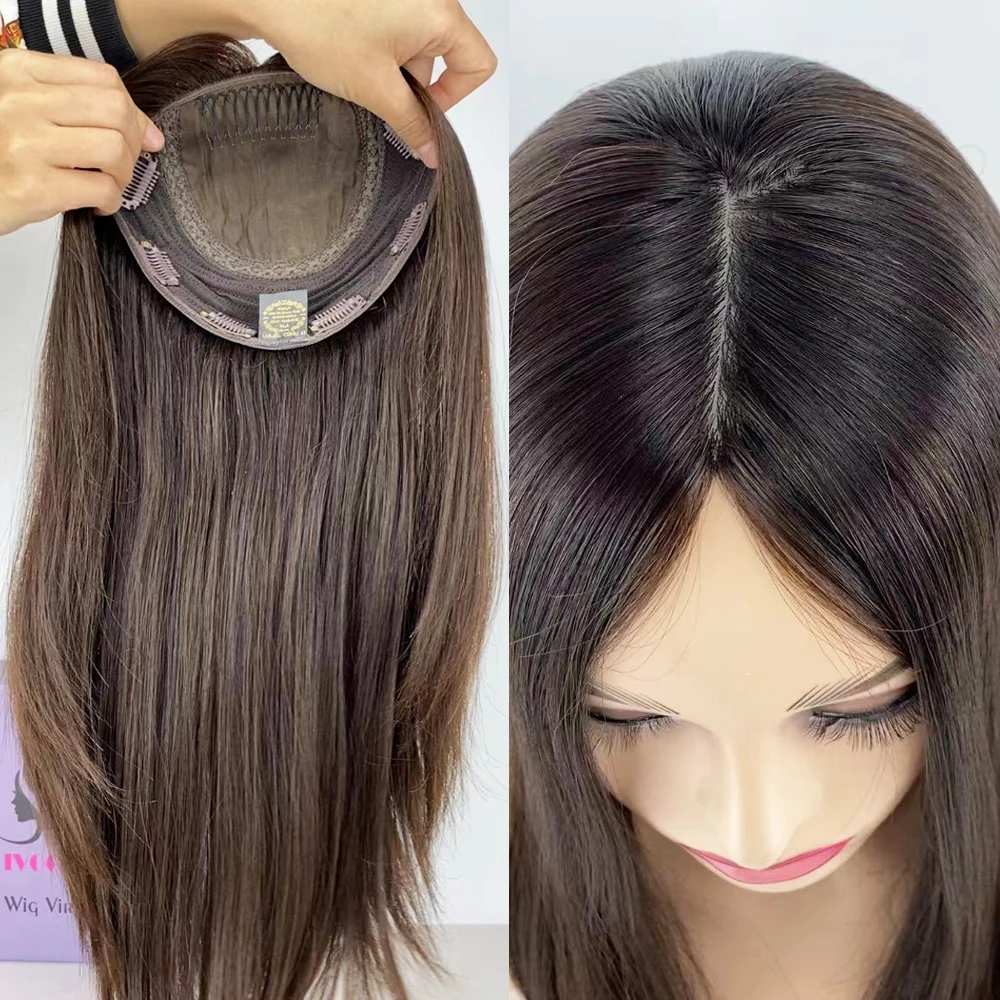 Jewish Topper Soft Silky European Virgin Human Hair Silk Top Kosher Sheitels Natural Brown Hair Piece for White Women Topper