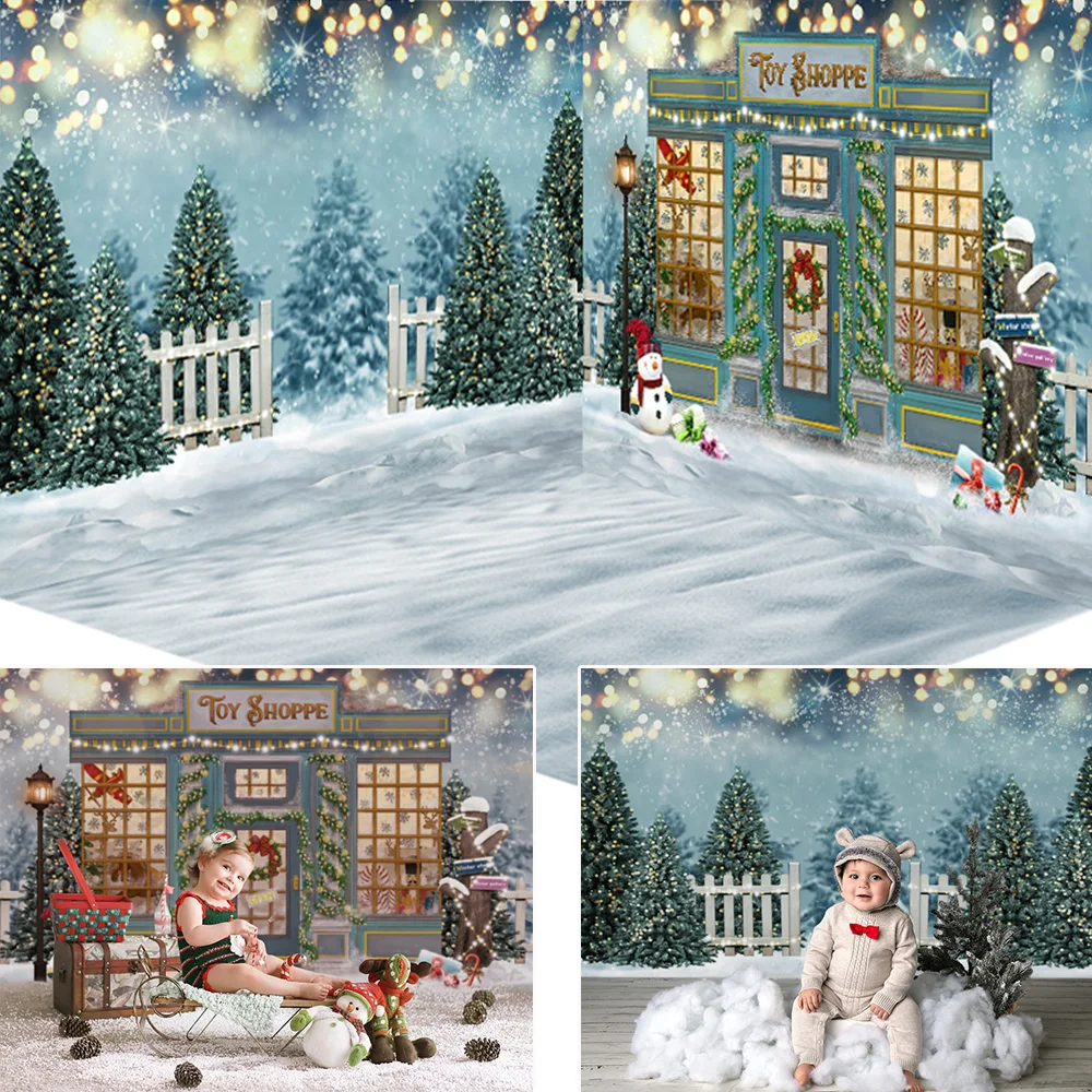 Christams Winter Birthday Portrait Photography Backdrop for Photo Studio Snow Bokeh Xmas Toy Shoppe Background Snowman Pine