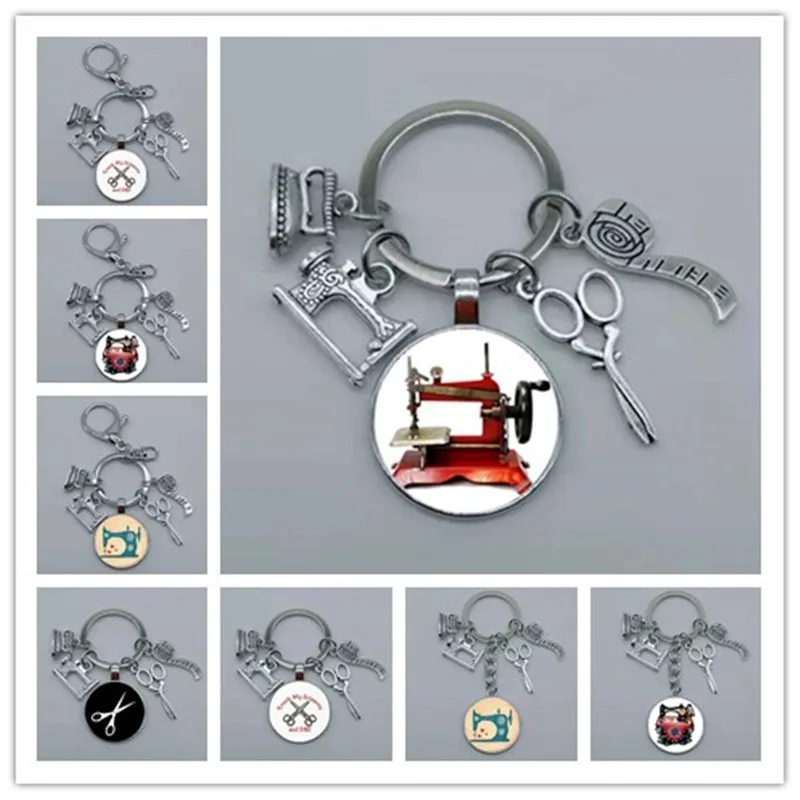 New fashion jewelry sewing machine iron scissors ruler convex round glass key ring tailor key chain quilt key chain gift