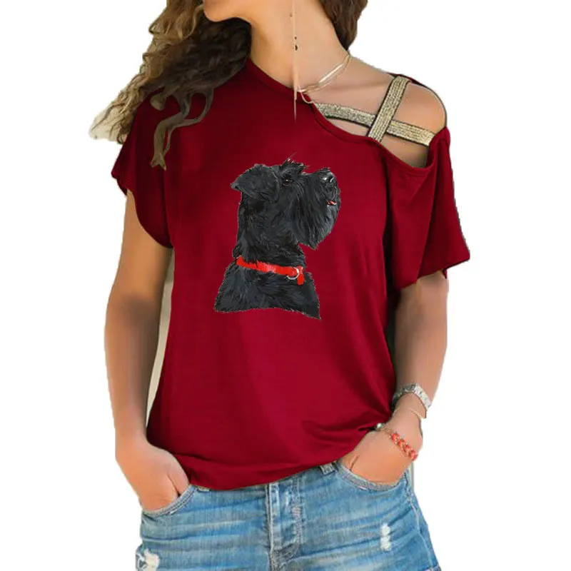 New Summer Miniature Black Schnauzer Head Print Funny Teeshirt Women Short sleeve Loose Irregular Skew Cross Bandage Tops Tee