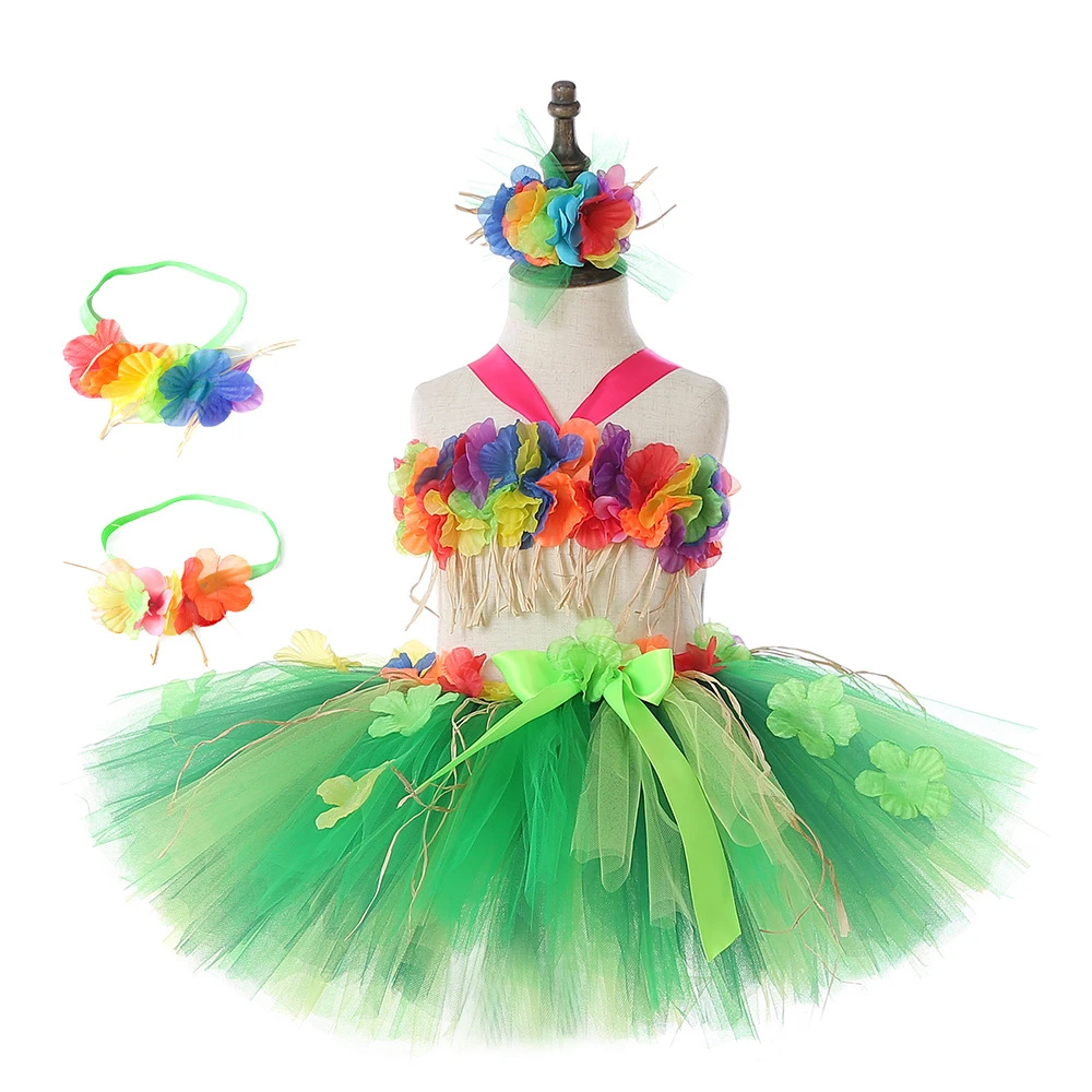 Flowers Hawaii Grass Skirt Outfits for Girls Kids Dance Tutu Skirts for Campfire Party Princess Toddler Tutus Fancy Costumes