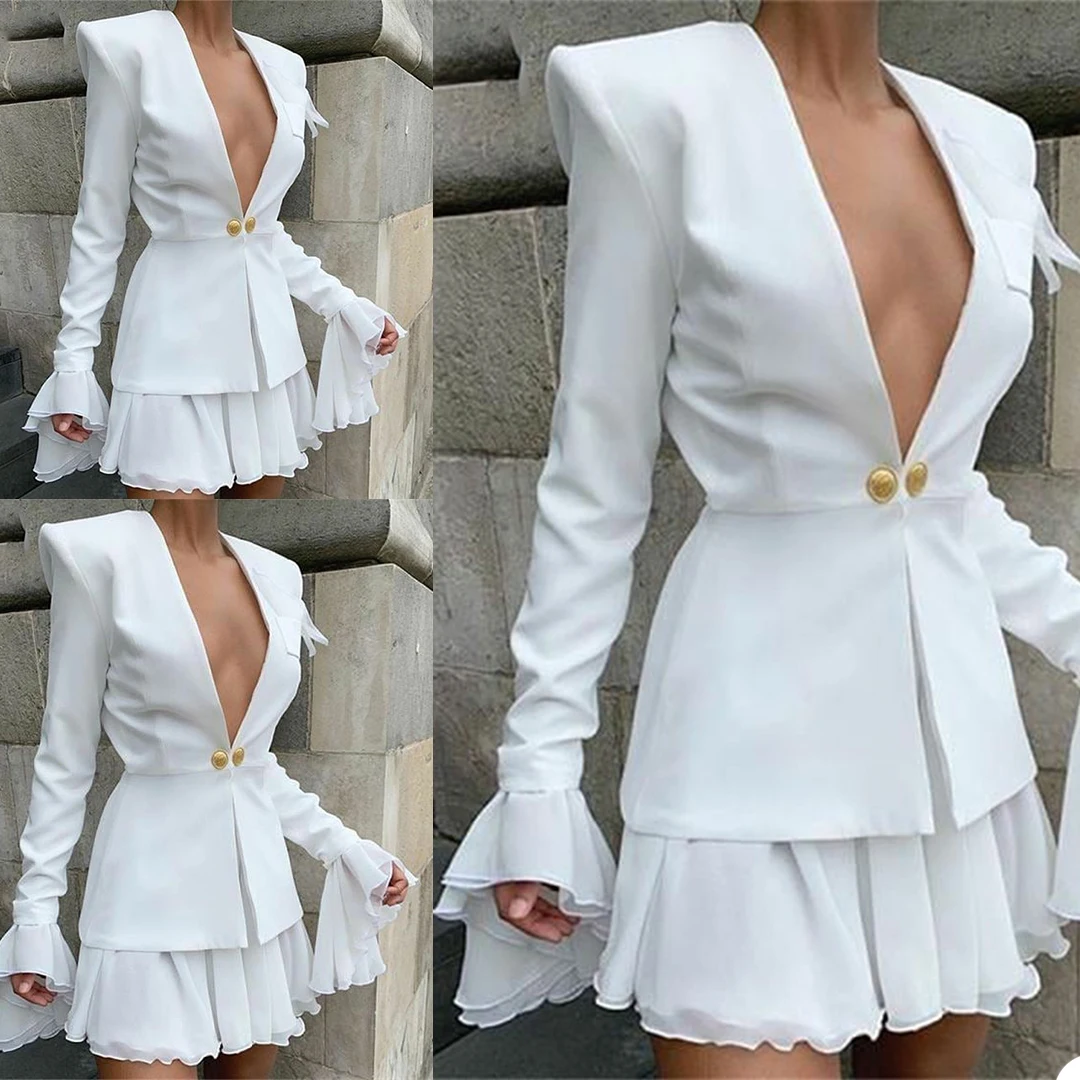 Sexy Elegant Women Blazer Deep V Neck Slim Fit Lotus Leaf Frills Dress Office Lady Club Casual Coat 1 Piece