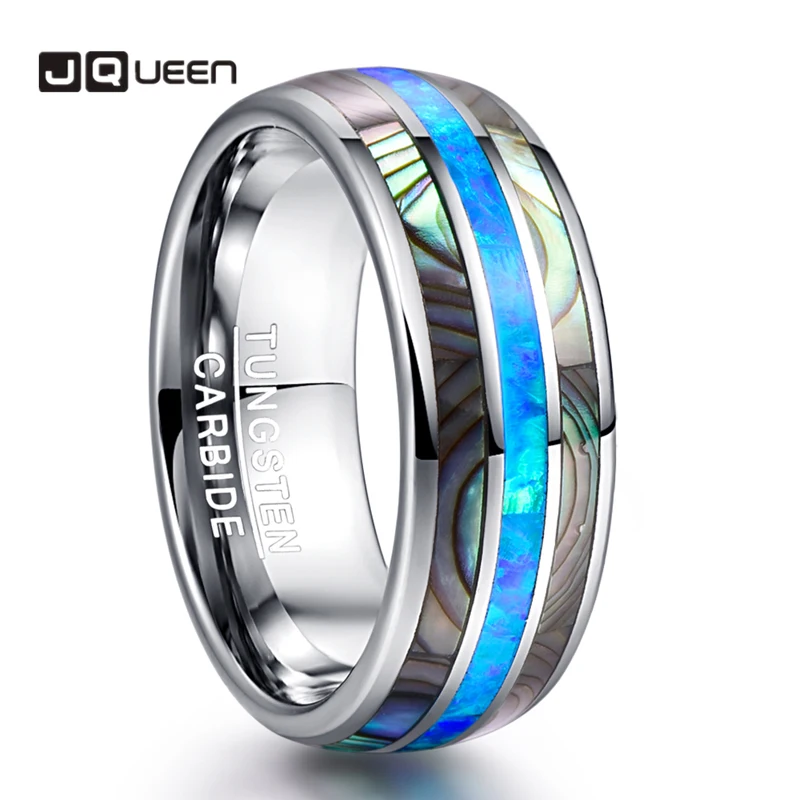 New Fashion Simple 8mm Blue Opal Tungsten Carbide Rings Inlaid Natural Shells Party Jewelry Gift Silver Color Rings