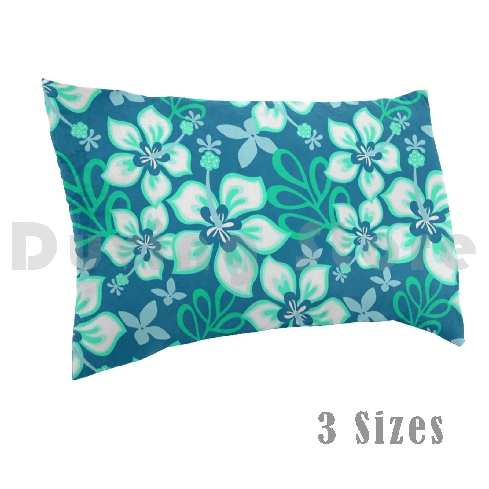 Aqua And White Hawaiian Hibiscus Flower Bloom Pattern On Blue Pillow Case Printed 50x75 Botanical Leaf Leaves