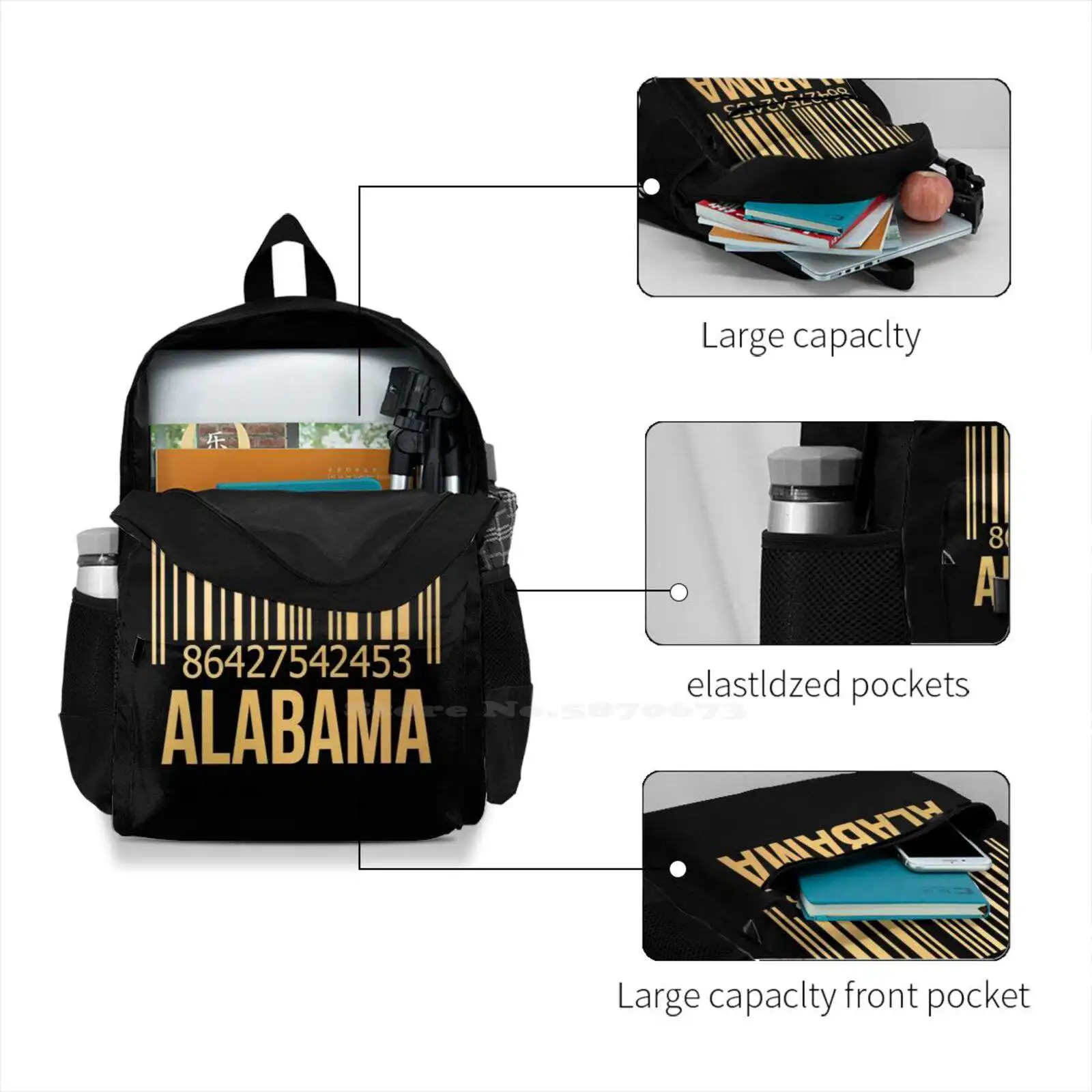 Made In Alabama In Gold Fashion Pattern Design Travel Laptop School Backpack Bag Alabama State Alabama Flag Alabama Map Alabama