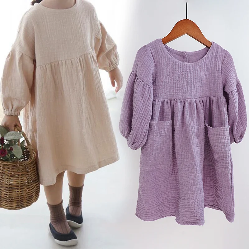 Autumn Spring Children\'s Clothes Organic Cotton Double Gauze Loose Pockets Baby Girls Dress Fashion Princess Casual Kids Dresses