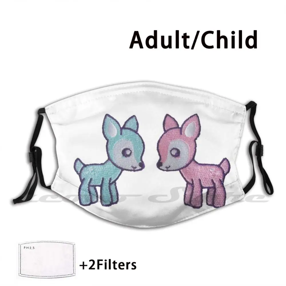 Couple Of Little Blue And Pink Kawaii Fawn Custom Pattern Washable Filter Pm2.5 Adult Kids Mask Fawn Cute Kawaii Blue