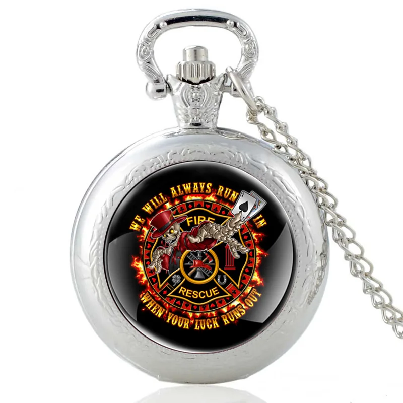 Unique Fireman Design Glass Cabochon Fire Rescue Vintage Quartz Pocket Watch FOB Men Women Pendant Necklace Hours Clock