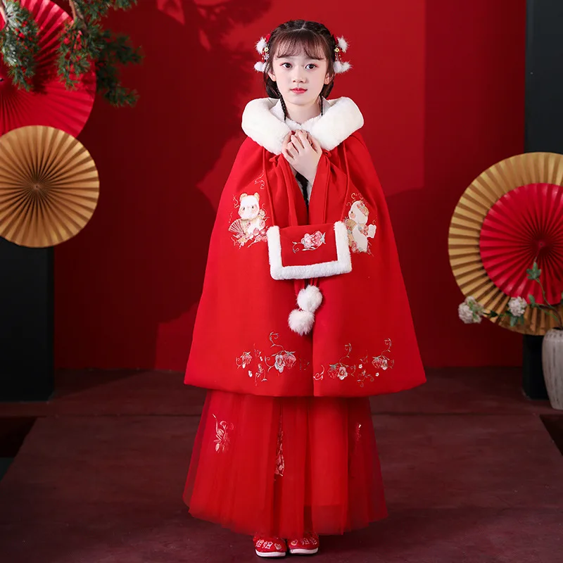 

Winter Kids Chinese Lovely Embroidery Ancient Hanfu Girls Traditional Thick And Quilted Tang Suit Children New Year Outfits