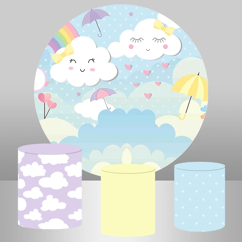 Heart Baby Shower Birthday Newborn Baptism Party Background Table Cover Decor Blue Sky Rainbow Clouds Circle Round Backdrop