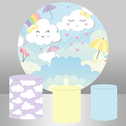 Heart Baby Shower Birthday Newborn Baptism Party Background Table Cover Decor Blue Sky Rainbow Clouds Circle Round Backdrop