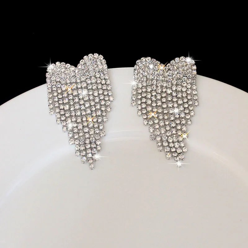 Luxury Rhinestone Tassel Earrings For Women Elegant Big Crystal Heart Drop Dangle Earrings Wedding Earring Jewelry Accessories