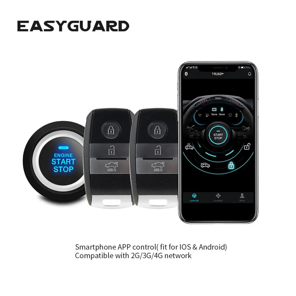 EASYGUARD GPS smartphone control GSM 4G 3G 2G PKE keyless entry engine start stop remote start security car alarm system