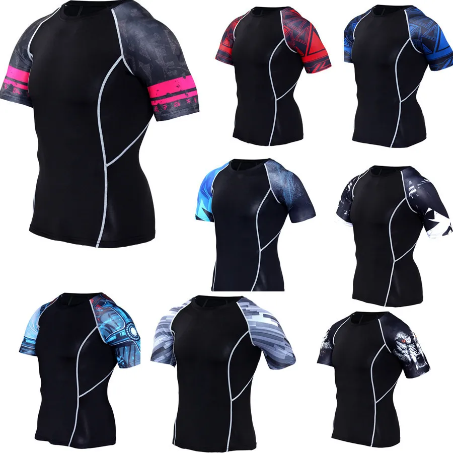 Men Running Compression T-shirt Short Sleeve MMA Dry Fit Sportswear Gym Tshirt Fitness Bodybuilding Workout Clothes Sport Shirts