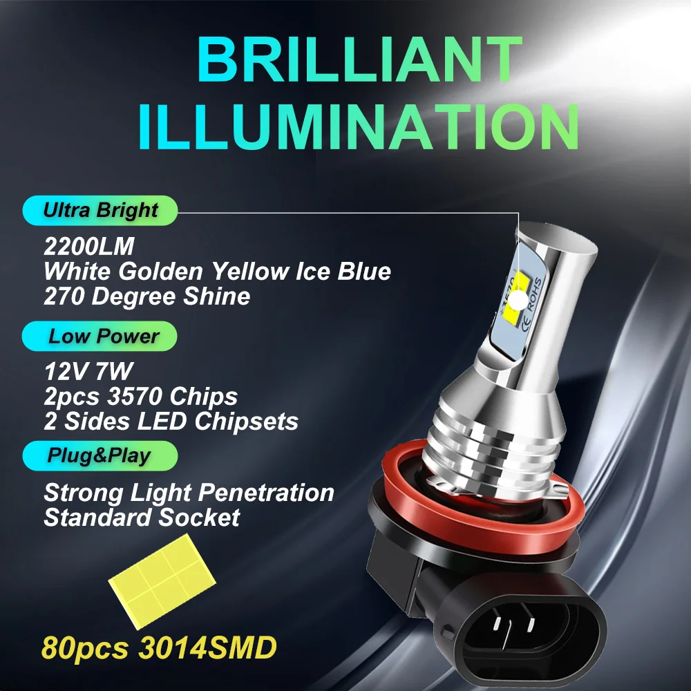 2Pcs H8 H11 HB4 HB3 9006 9005 H16 JP EU H1 H3 881 Led Bulb 2200LM 6000K White Golden Yellow Ice Blue Car Fog Light Day Lamp Auto