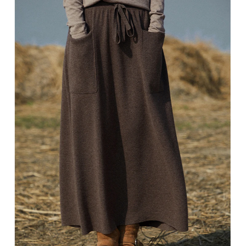 Hot! Autumn/Winter New Cashmere Skirt Women Loose And Thin Double Pocket A-Line Knitted One-Step Umbrella Long Dress 100% Wool