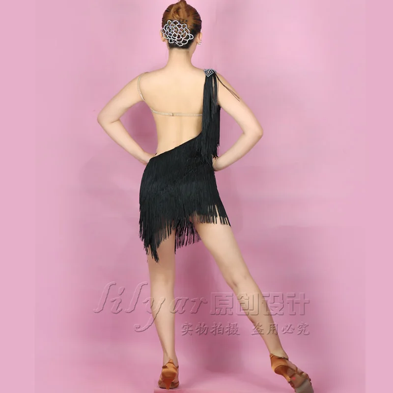 New Latin Performance  Adult Custom Black Tassels Sexy Hot Dance Dress