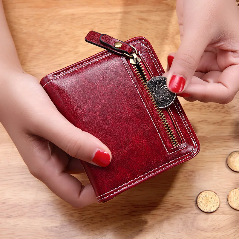2021 New Women's Wallet Wax Oil Skin Wallet Lady Short Leather Clutch Bag Card Holder Female Coin Purses Wallets for Girl