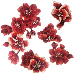 Red Plum Blossom Flower Embroidery Patches Fabric Sticker Applique Clothing Sew On Patch Craft Sewing Repair 5 Pcs