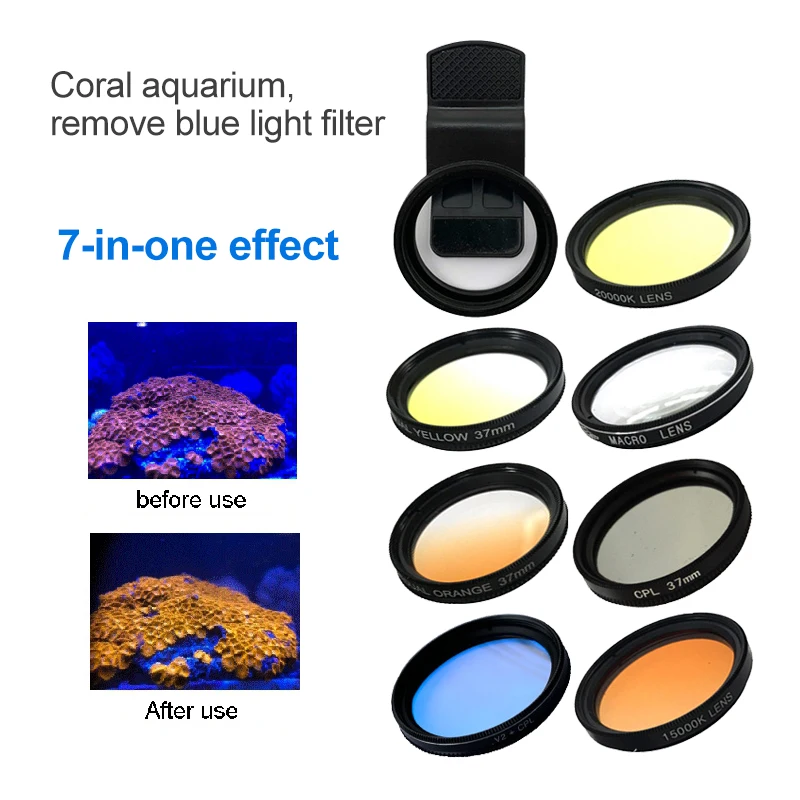 7-in-1 yellow lens for aquarium, mobile phone camera lens, Fish Tank, Blu-ray, coral reef