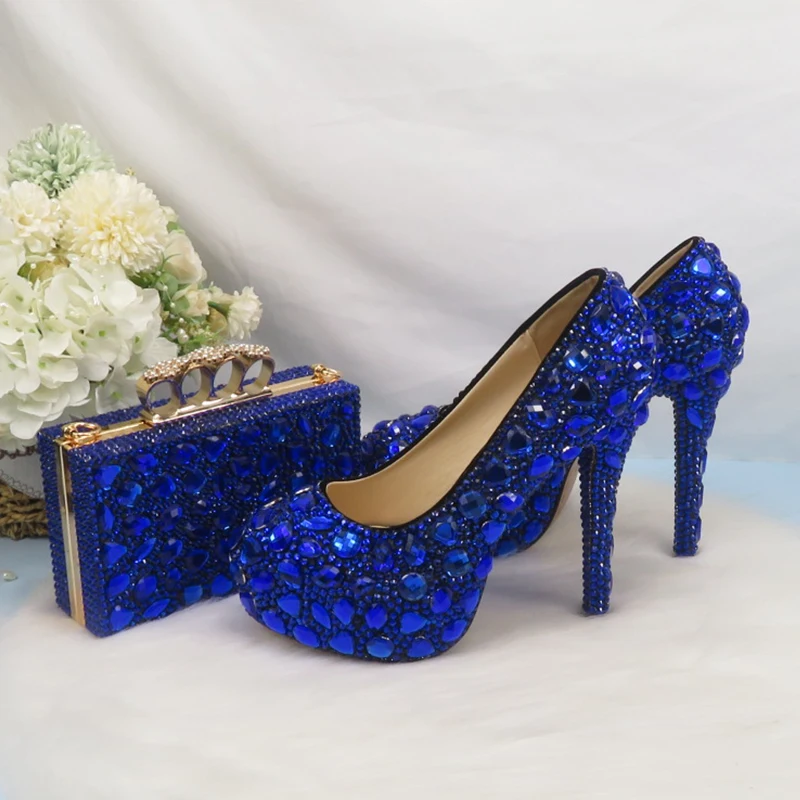 BaoYaFang Royal Blue Crystal Bridal Wedding Shoes And Bag Woman High Platform Shoes Big size Round Toe Party wedding shoes Women