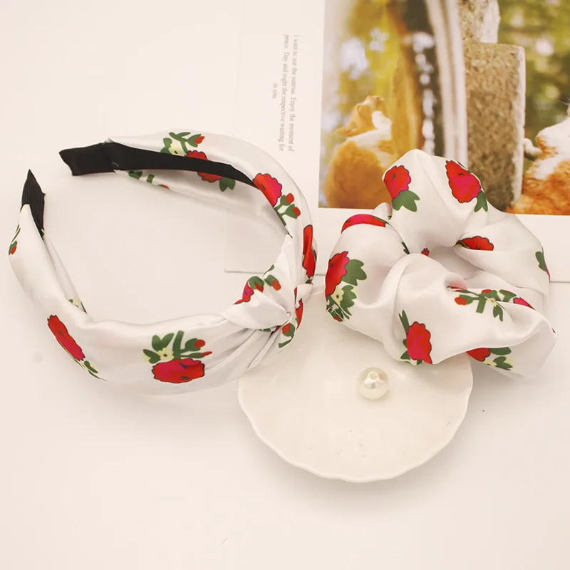 Lystrfac New Vintage Rose Floral Hairband Scrunchie for Women Girls Headband Wide Hair Hoop Set Female Headwear Hair Accessories