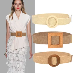 Hot Sale Vintage Boho Braided Waist Belt Summer Female Belt Round Square Leopard Wooden Buckle Fake Straw Wide Belts For Women