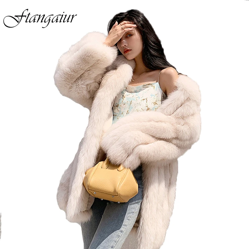 

Ftangaiur Women Winter Import Fox Fur Coat Weave Whole Skin Female Fox Coats Medium Turn-Down Collar Natural Fox Fur Coats