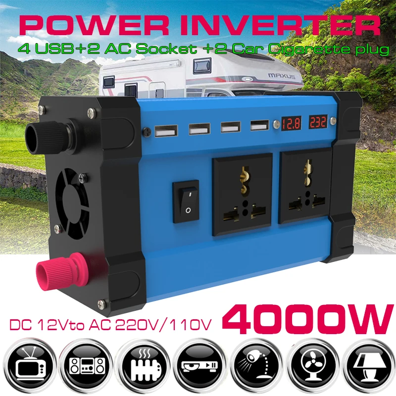 

Inverter 4000W 12V to 220V/110V Voltage Converter smart color display dual USB 3.6A fast charge